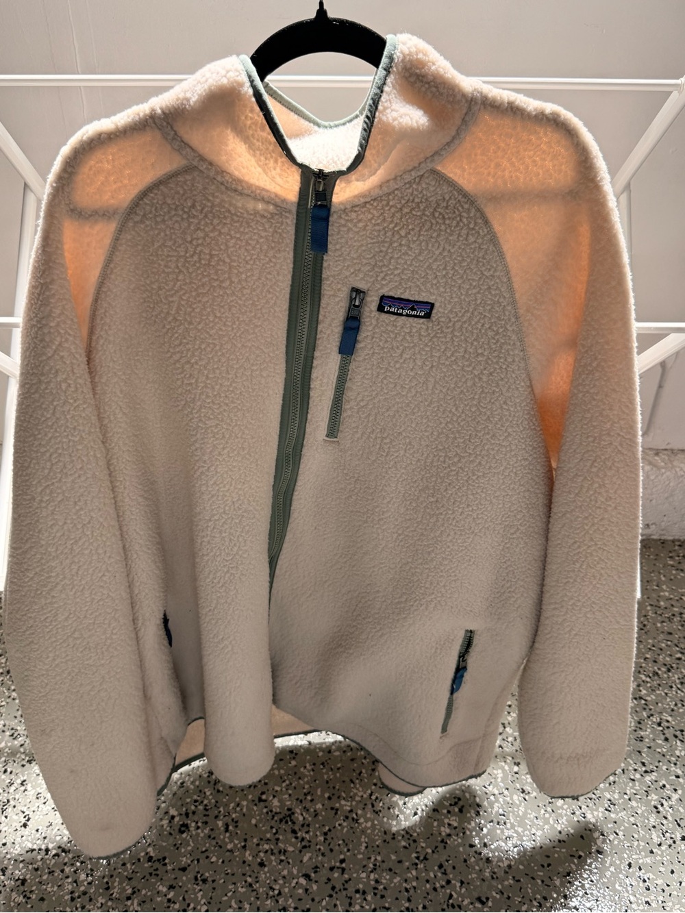 Patagonia Cream Sherpa Jacket with Sage and Blue Accents